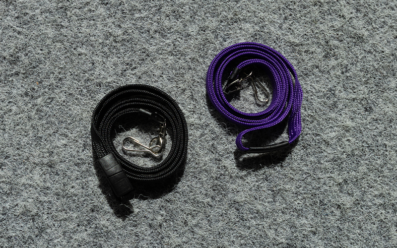 Two lanyards: long ropes with metal clasps; one lanyard is black, the other is purple; used for hanging the Husky Card around the neck.