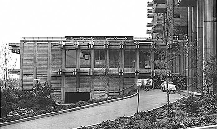 McMahon Hall 1957 black and white photo