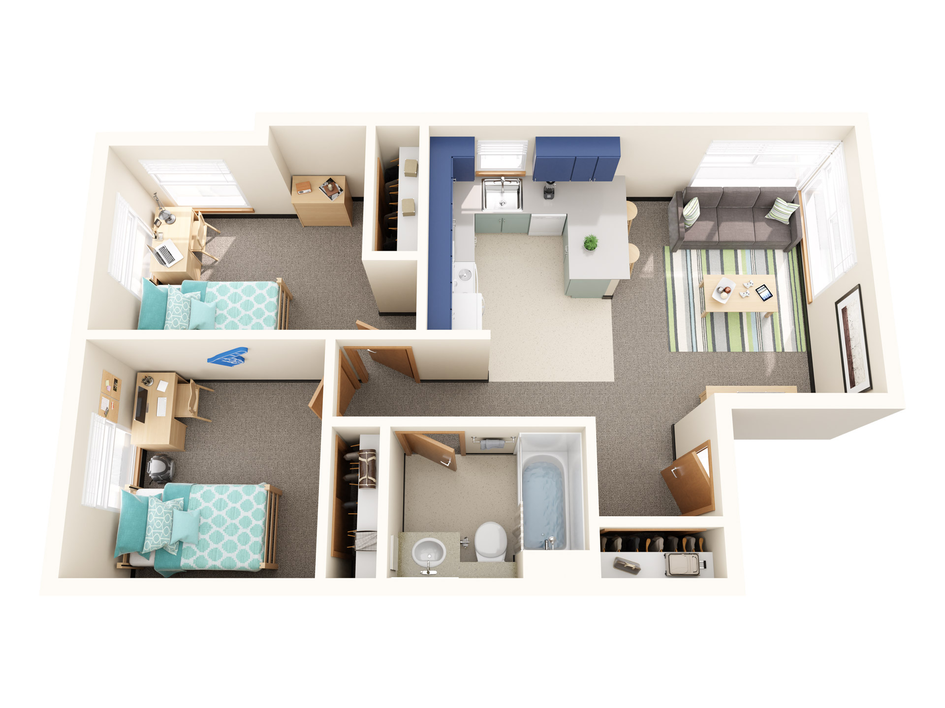 3D rendering of Two Bedroom layout