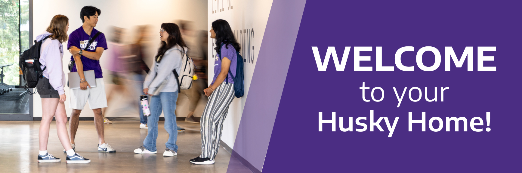 UW Husky students in the hall, welcome to your husky home HUSKYHOME on the HFS website
