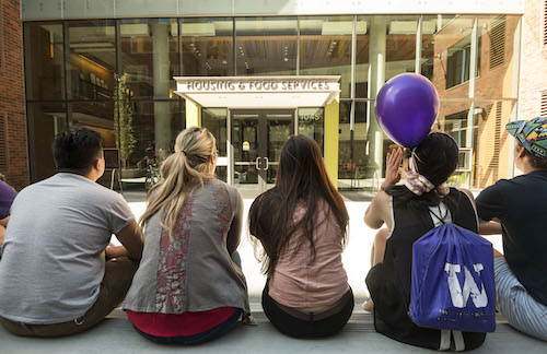 Four students sitting facing the front of the HFS office