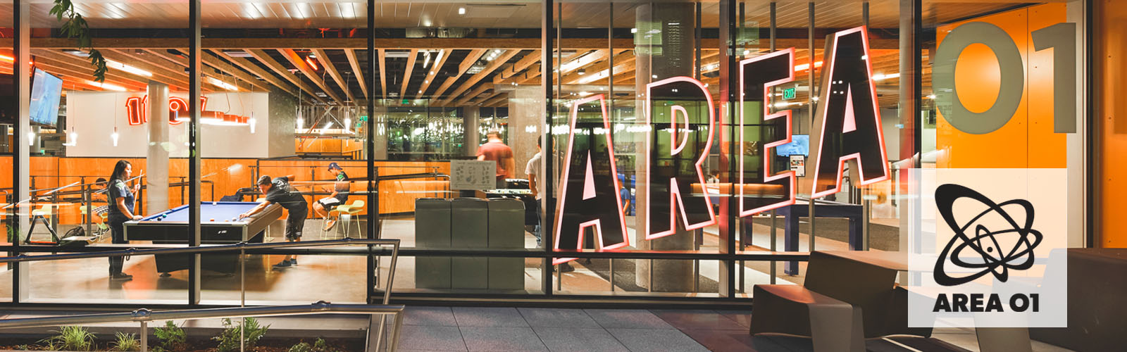Area 01 space in the evening viewed from sidewalk