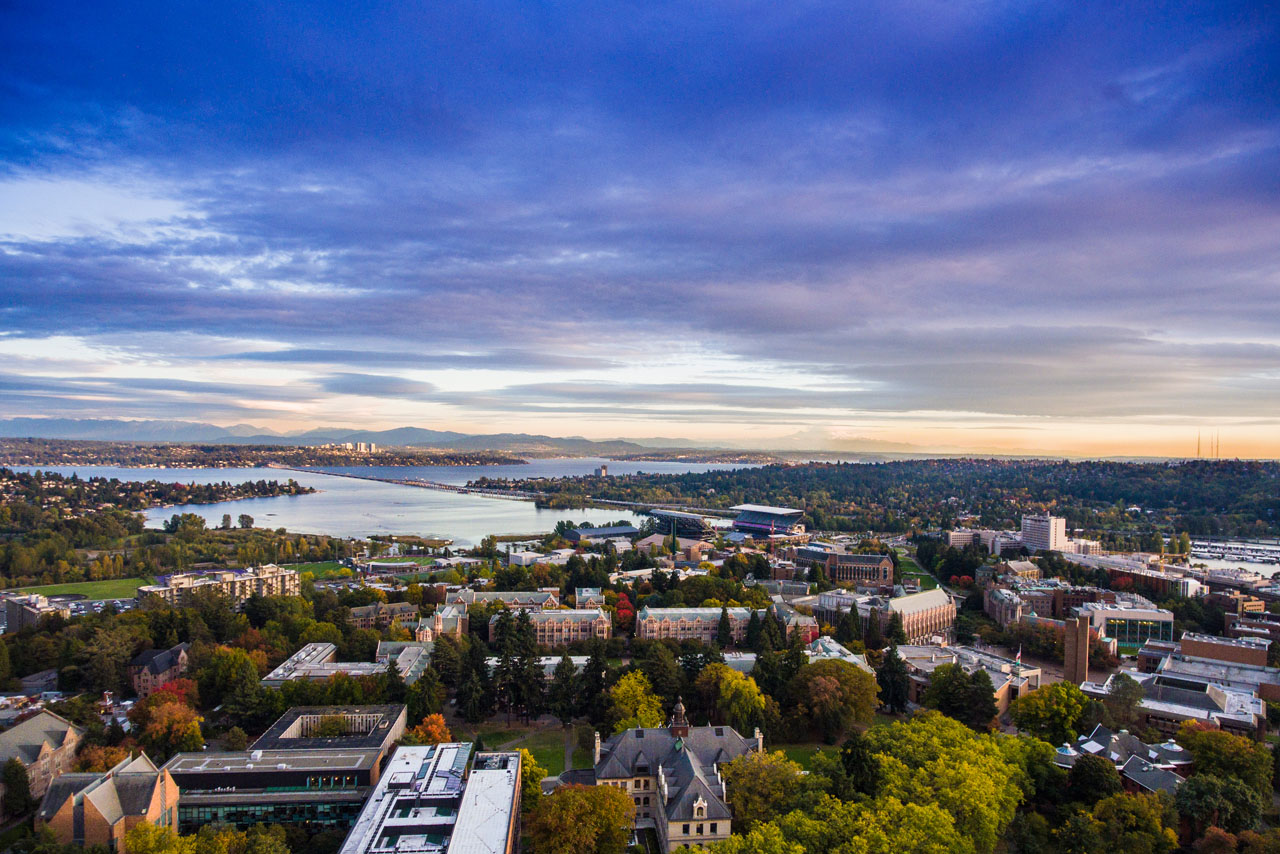 Birds eye view of UW campus on a cloudy day